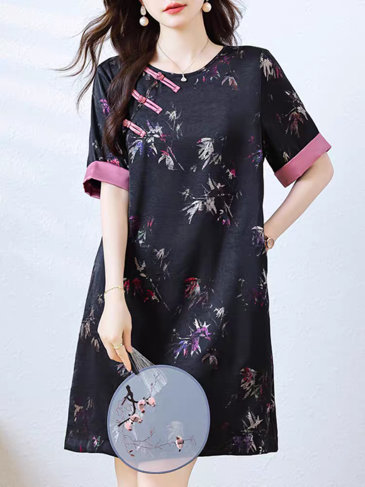 Plus Size Pink & Black Floral Modern Qipao Shift Dress