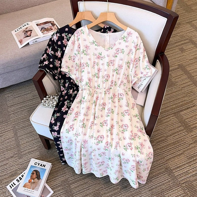 Plus Size Floral Chiffon V Neck Short Sleeve Dress (EXTRA BIG SIZE)