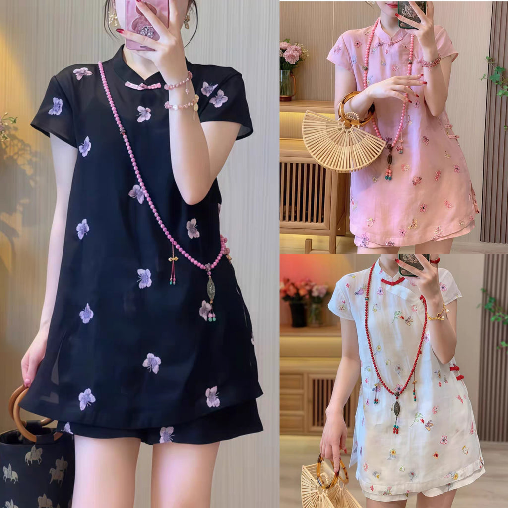 Plus Size Embroidery Qipao Tunic Blouse and Shorts Set