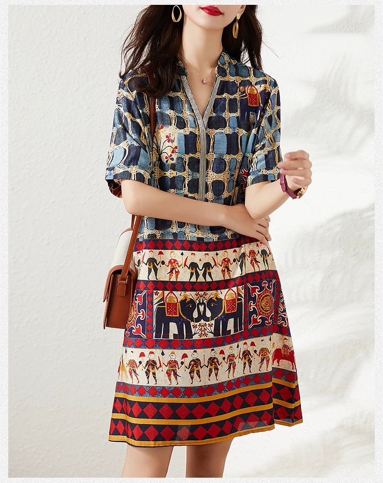 Plus Size Ethnic Print Notch Neck Shift Dress