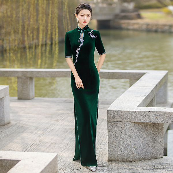 (S-5XL & Custom Size) Plus Size Formal Velvet Cheongsam Evening Dress
