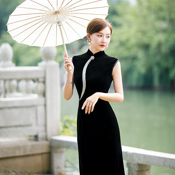 (S-5XL & Custom Size) Plus Size Velvet Maxi Qipao Gown