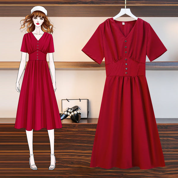 Plus Size Buttons V Neck Empire Short Sleeve Midi Dress