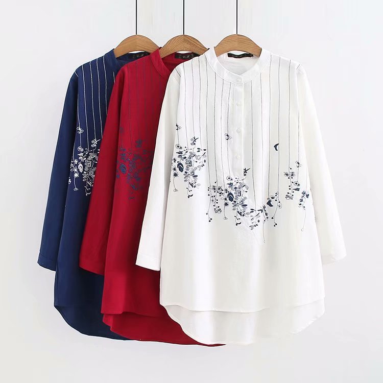 Plus Size Floral Embroidery Mandarin Collar Cotton Linen Long Sleeve Shirt Blouse (Blue, Red, White) (EXTRA BIG SIZE)