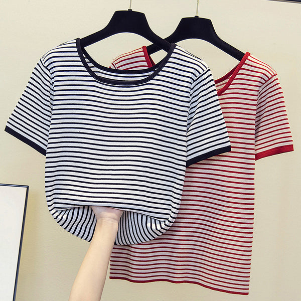 Plus Size Square Neck Stripe Short Sleeve T Shirt Top