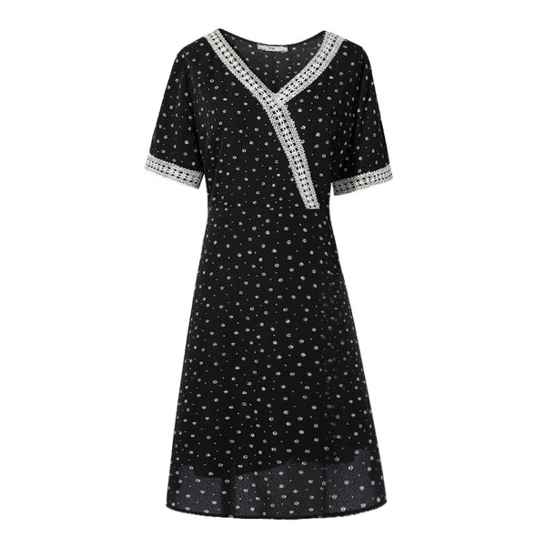 Plus Size Lace Chiffon Print Wrap Short Sleeve Dress