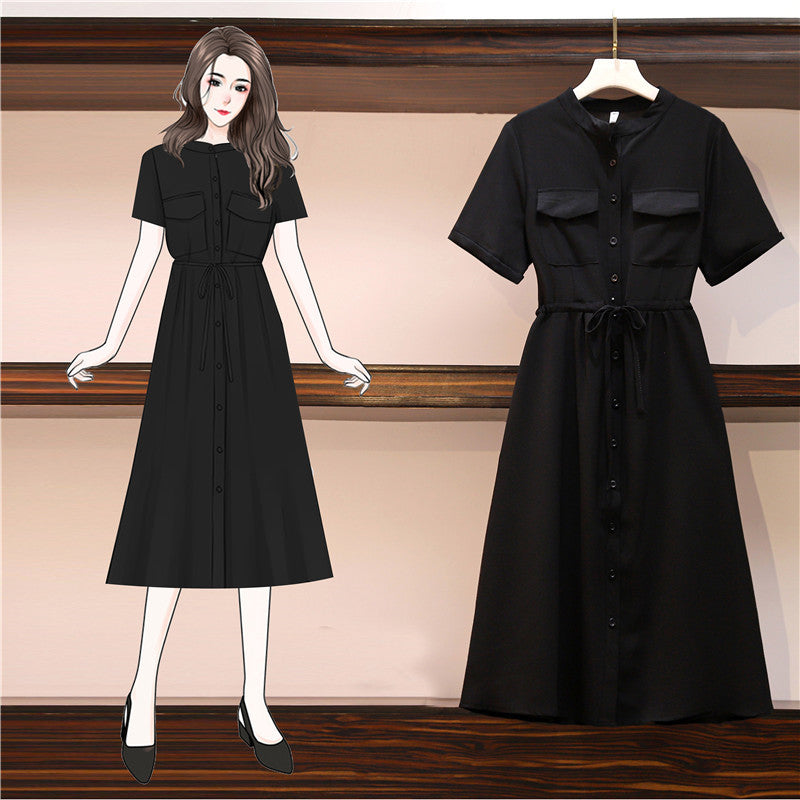 Plus Size Black Mandarin Collar Short Sleeve Midi Dress