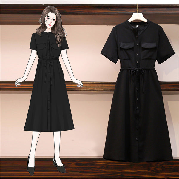 Plus Size Black Mandarin Collar Short Sleeve Midi Dress