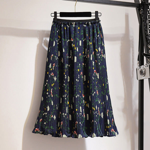Plus Size Blue Floral Pleated Skirt (EXTRA BIG SIZE)