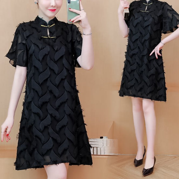 Plus Size Black Textured Cheongsam Short Sleeve Dress