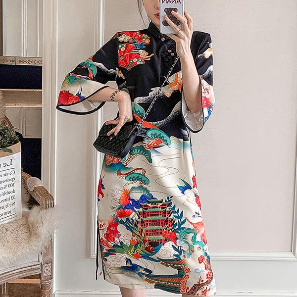 Plus Size Black Japanese Mid Sleeve Cheongsam Dress