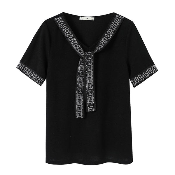 Plus Size Embellished Tie Short Sleeve Blouse