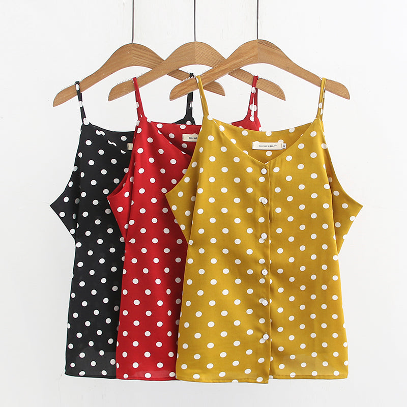 Plus Size Buttons Polka Dots Camisole Sleeveless Top (Red, Yellow, Black) (EXTRA BIG SIZE)