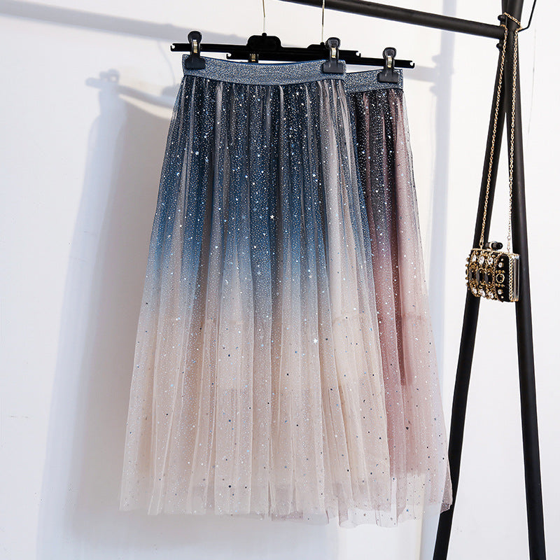 Plus Size Shiny Stars and Moon Tulle Swing Midi Skirt (Pink, Beige)