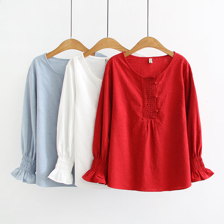 Plus Size Lace Collar Bell Sleeve Long Sleeve Top (Black, Blue, White) (EXTRA BIG SIZE)