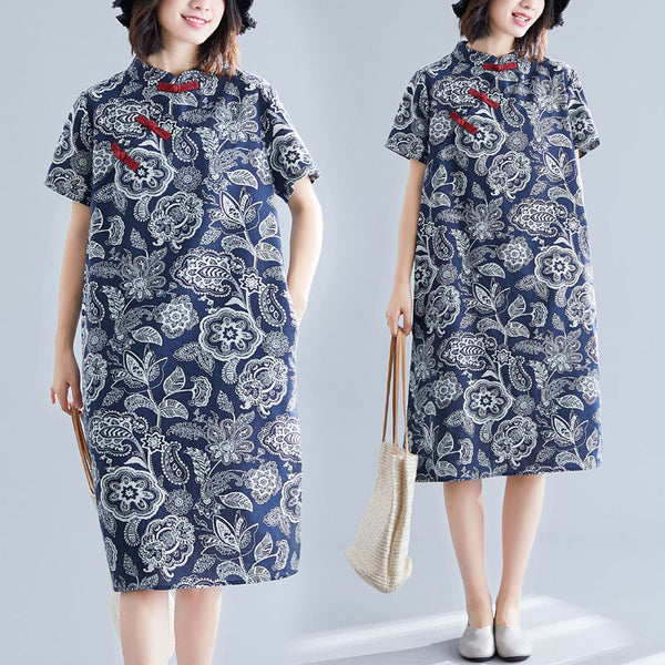 Plus Size Cheongsam Qipao Paisley Print Blue Short Sleeve Midi Dress