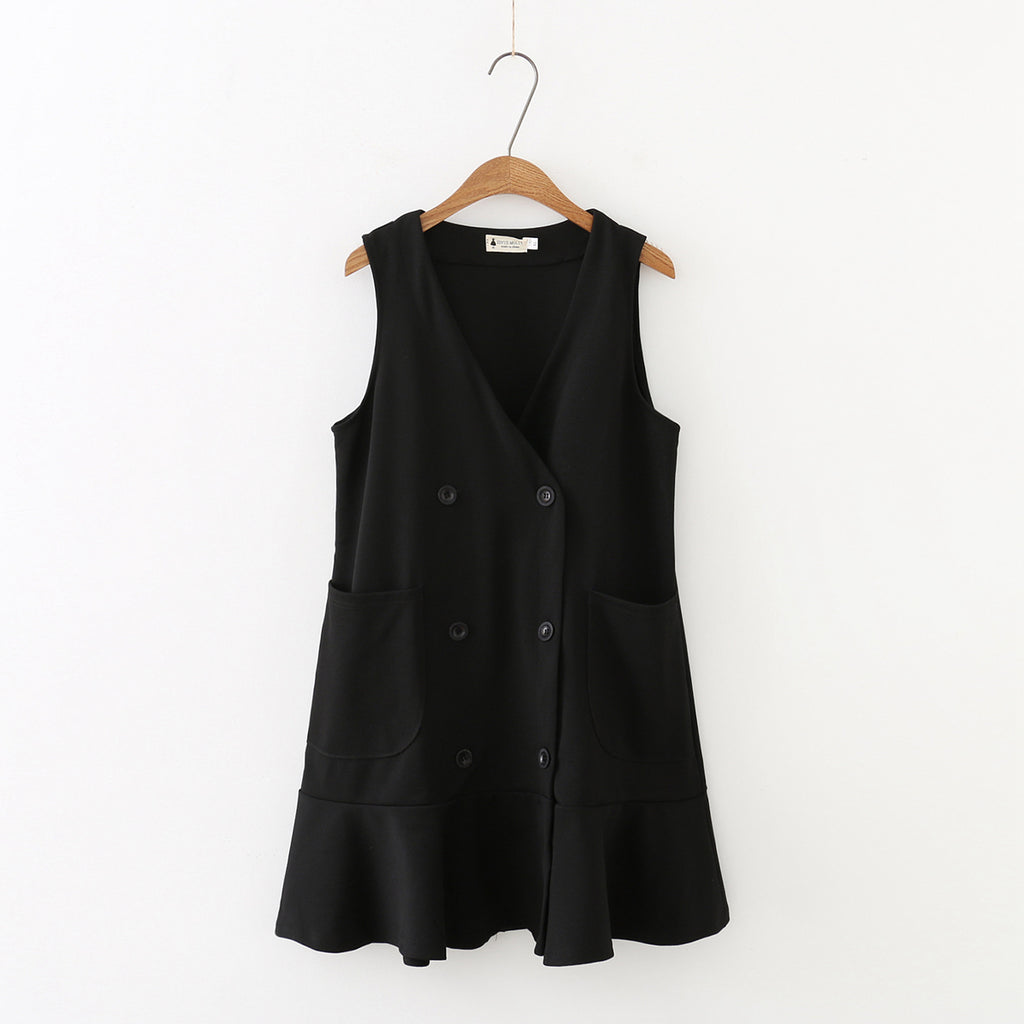 Plus Size Double Breast Pockets Mermaid Hem Pinafore Sleeveless Dress (EXTRA BIG SIZE)