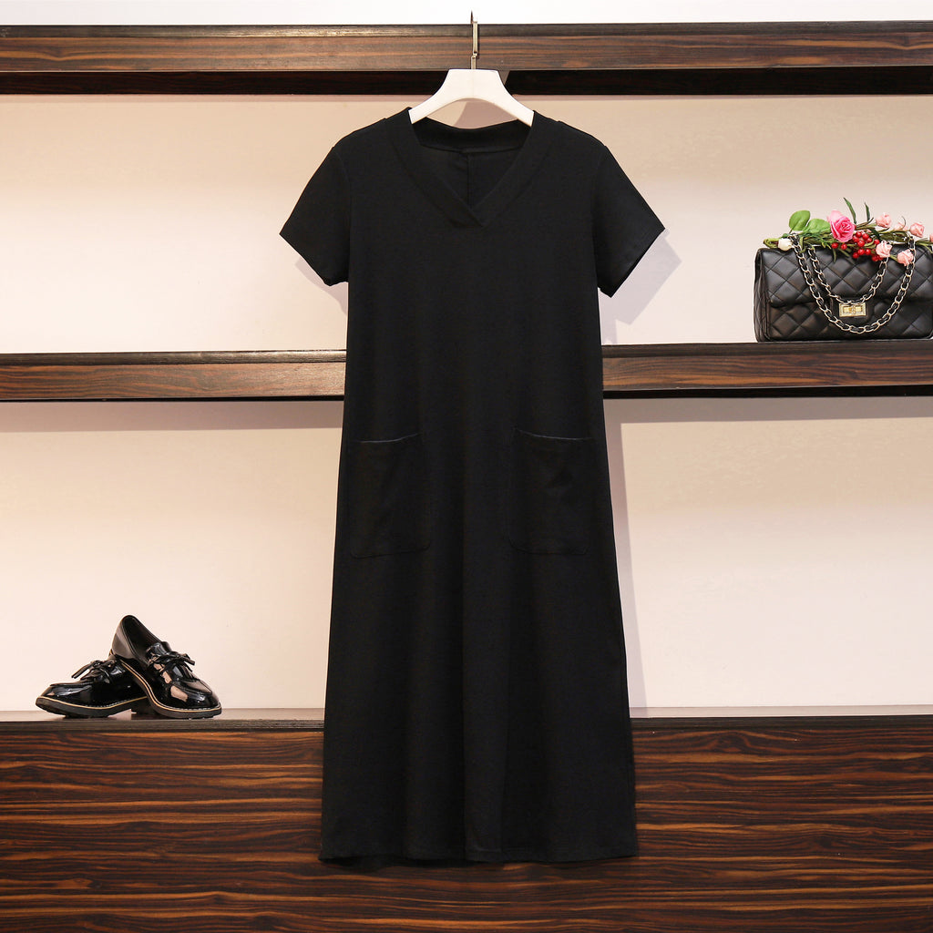 (Special Price!) Plus Size V Neck Black Short Sleeve Midi Dress