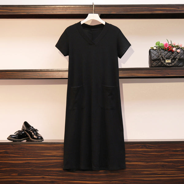 (Special Price!) Plus Size V Neck Black Short Sleeve Midi Dress