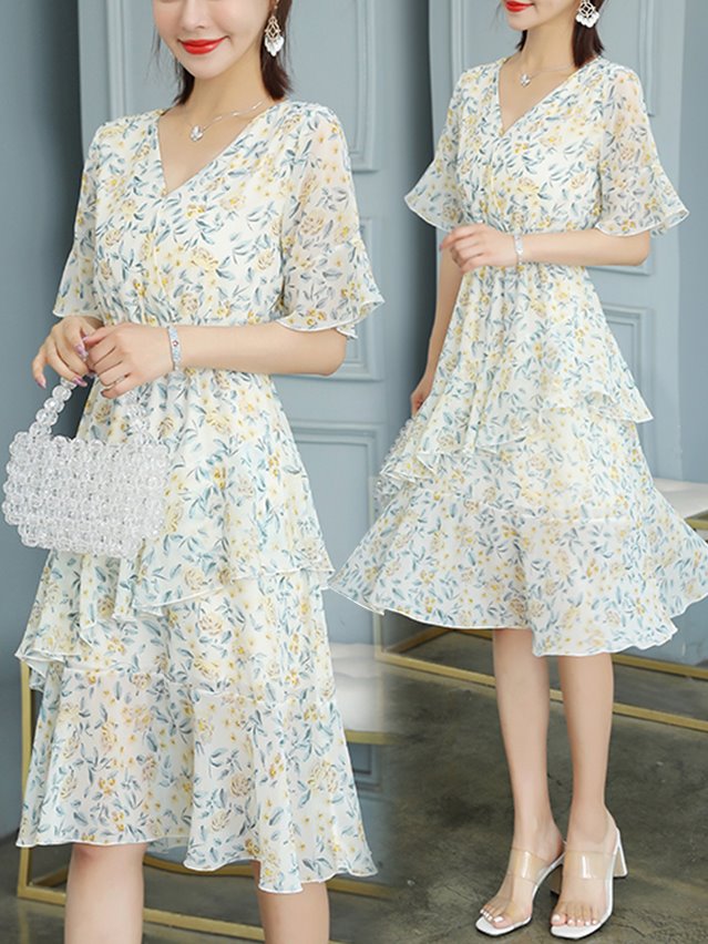 Plus Size Wrap Chiffon Floral Short Sleeve Dress