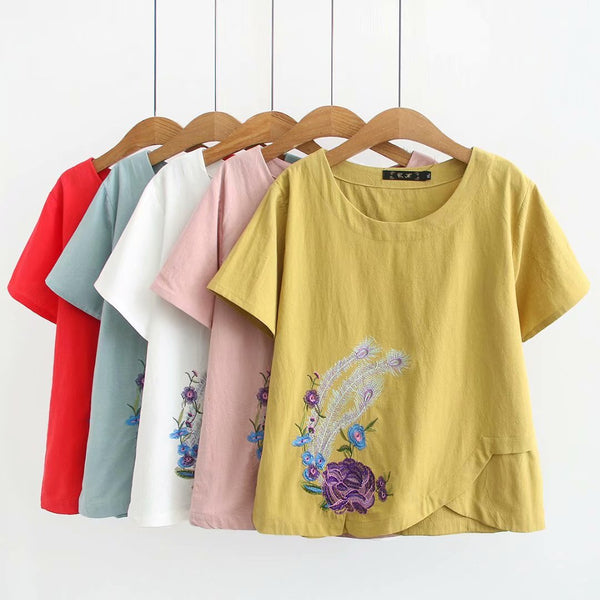 Plus Size Cotton Feathers And Flowers Embroidery Short Sleeve Blouse (Blue, Pink, White, Yellow, Red) (EXTRA BIG SIZE)