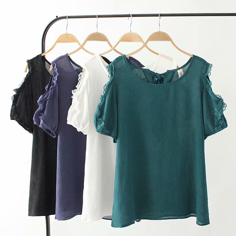 Plus Size Ribbon Back Lace Off Shoulder Short Sleeve Top (Black, Blue, White, Green) (EXTRA BIG SIZE)