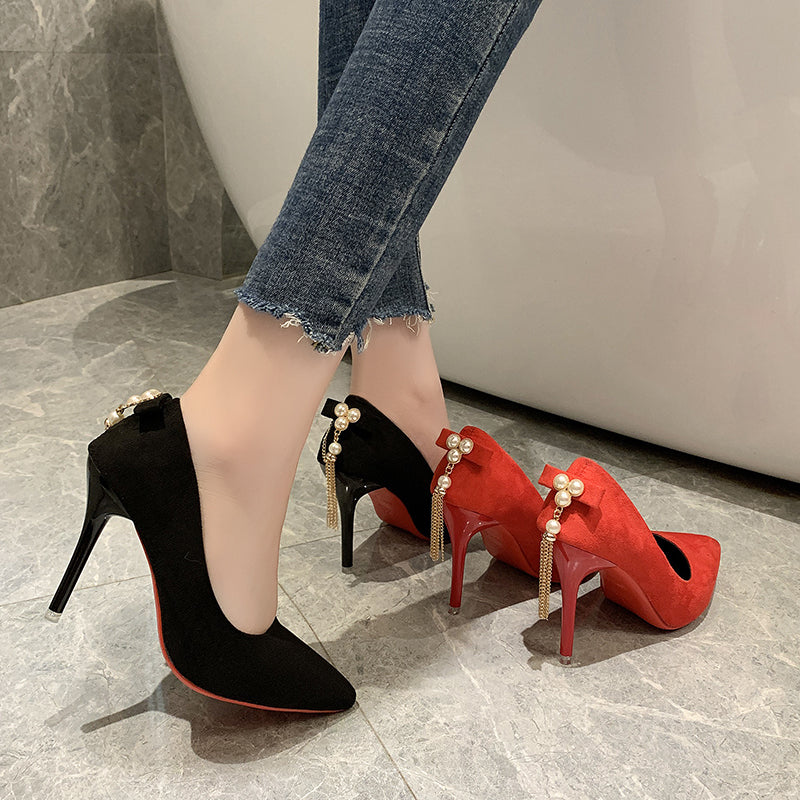 (35-45) Women's Big Size Pearls Pointed Toe Stiletto High Heels Shoes