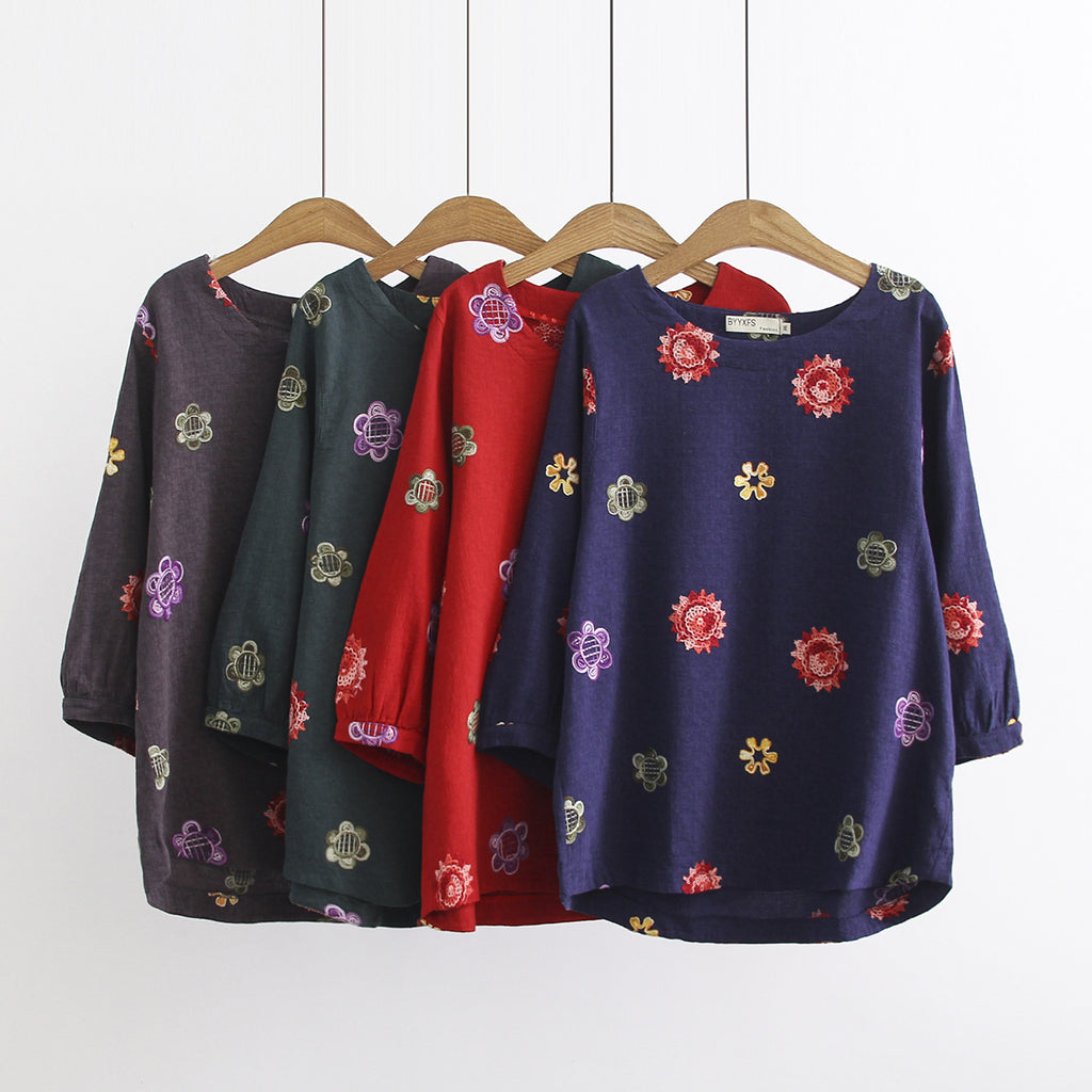 Plus Size Floral Embroidery Cotton Linen Mid Sleeve Blouse (Blue, Green, Grey, Red) (EXTRA BIG SIZE)