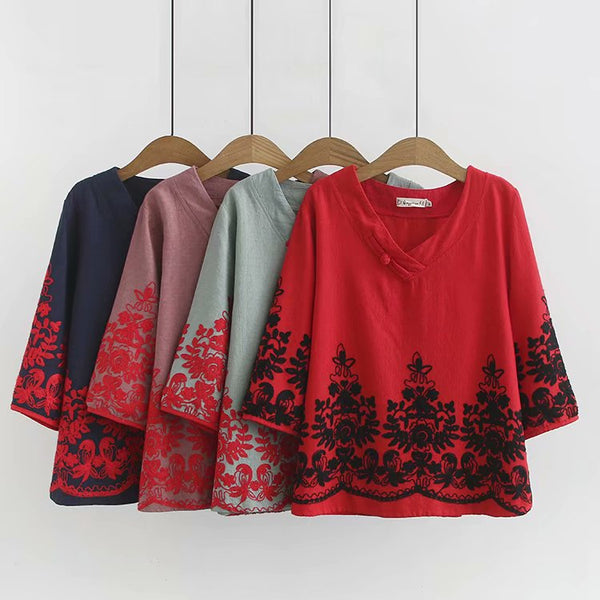 (Ready Stock Blue XL*1) Plus Size V Neck Floral Embroidery Cheongsam Button Cotton Linen Mid Sleeve Blouse (Light Green, Blue, Red, Pink) (EXTRA BIG SIZE)