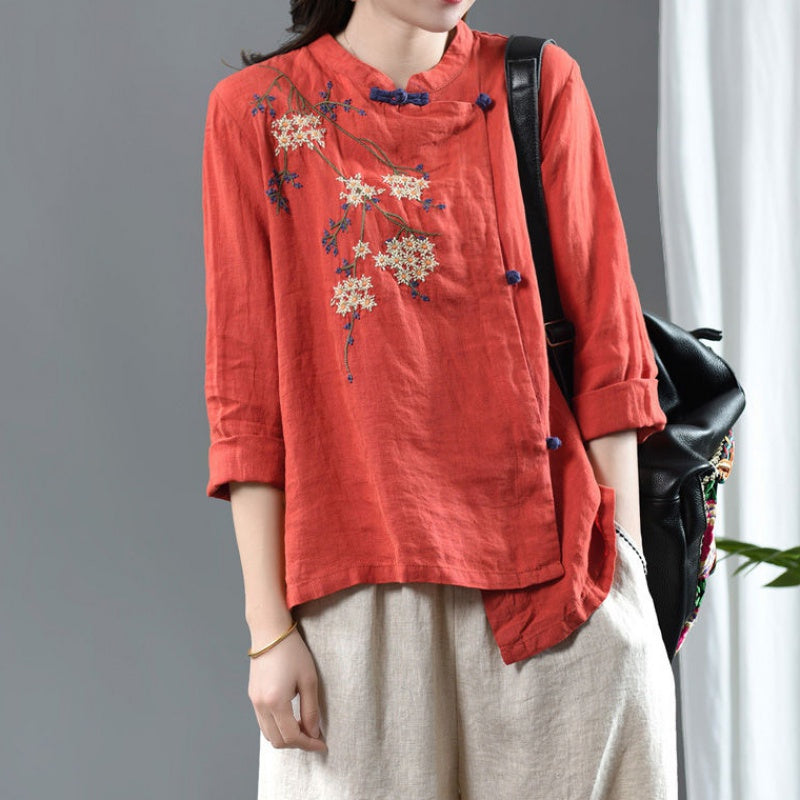 Plus size embroidered cheongsam mid sleeve blouse (Orange, Pink, Yellow)