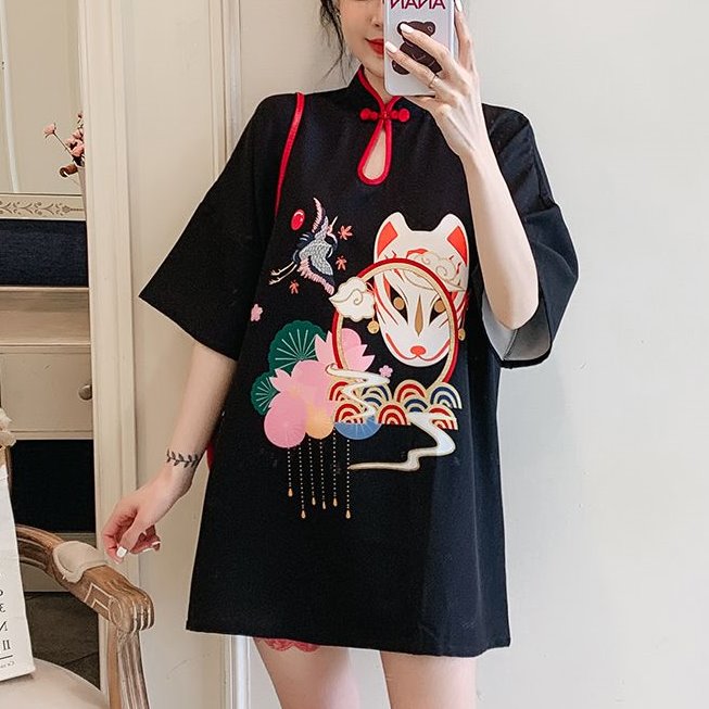 Plus size japanese cat black modern cheongsam short sleeve dress