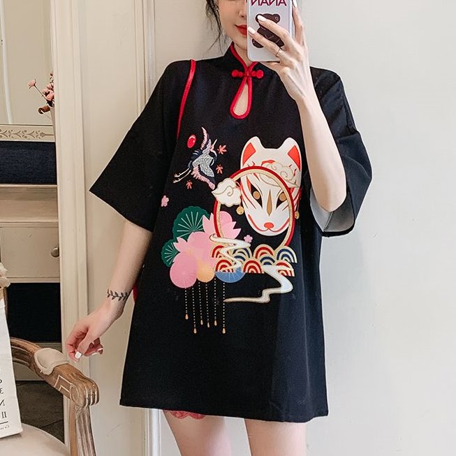Plus size japanese cat black modern cheongsam short sleeve dress – Pluspreorder