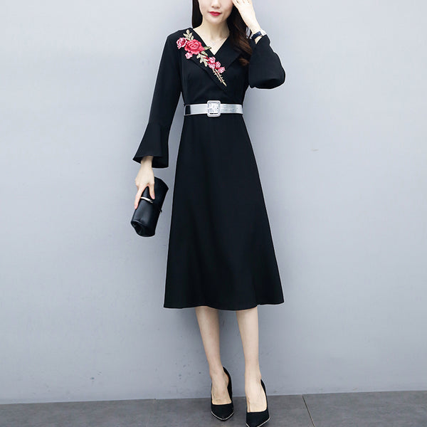 Plus Size Floral Rose Embroidered Tuxedo Long Sleeve Midi Dress