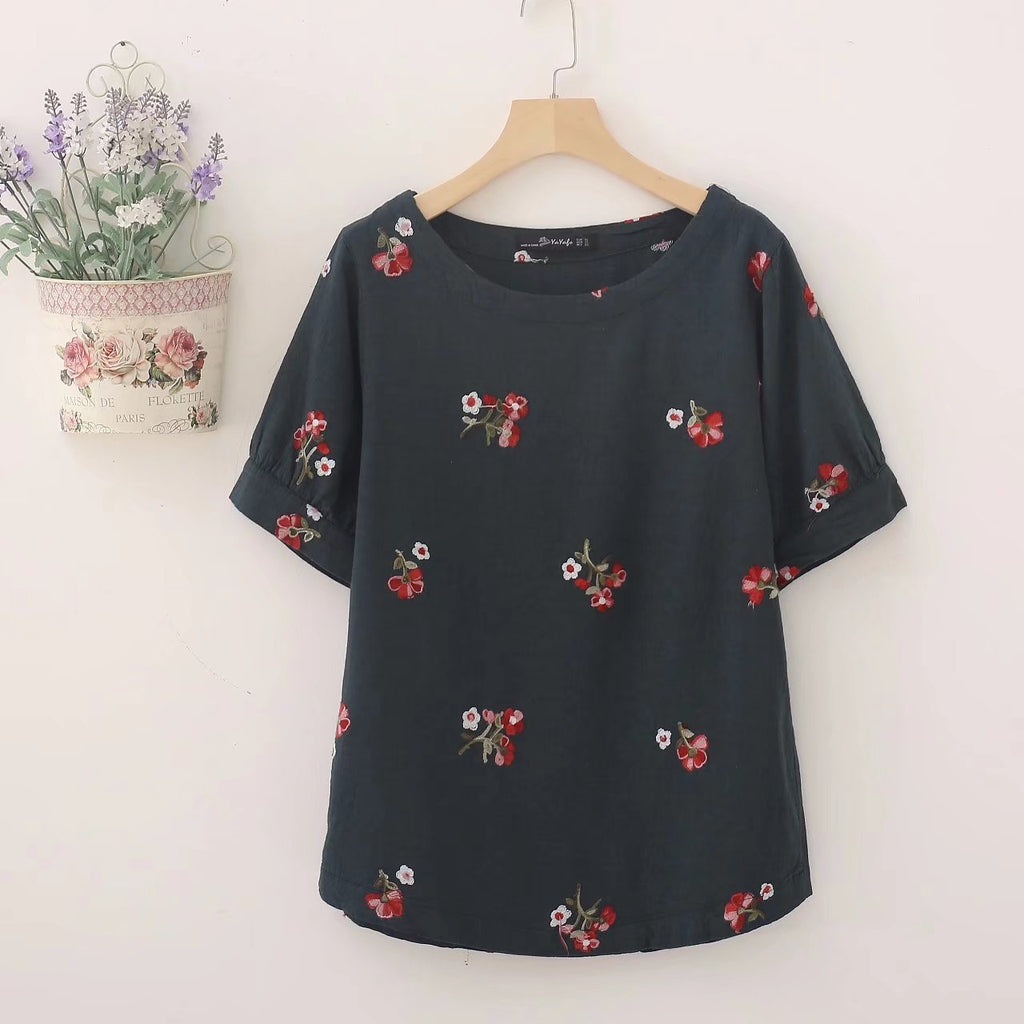 Plus Size Floral Embroidery Cotton Linen Short Sleeve Blouse (White, Pink, Blue, Red, Light Green Dark Green) (EXTRA BIG SIZE)