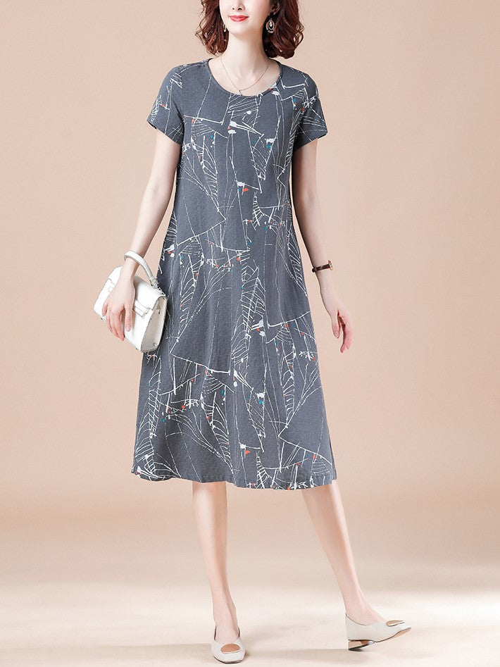 Plus Size Grey Shapes Short Sleeve Midi Dress