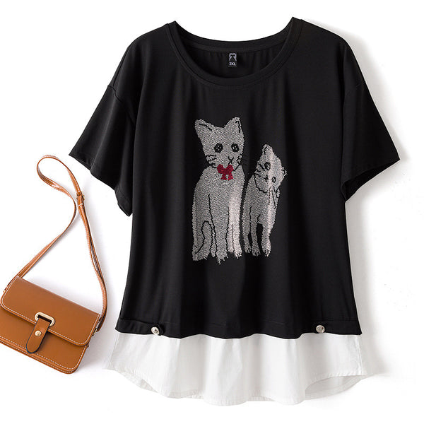 Plus Size Cat Embellished Layer Short Sleeve Top