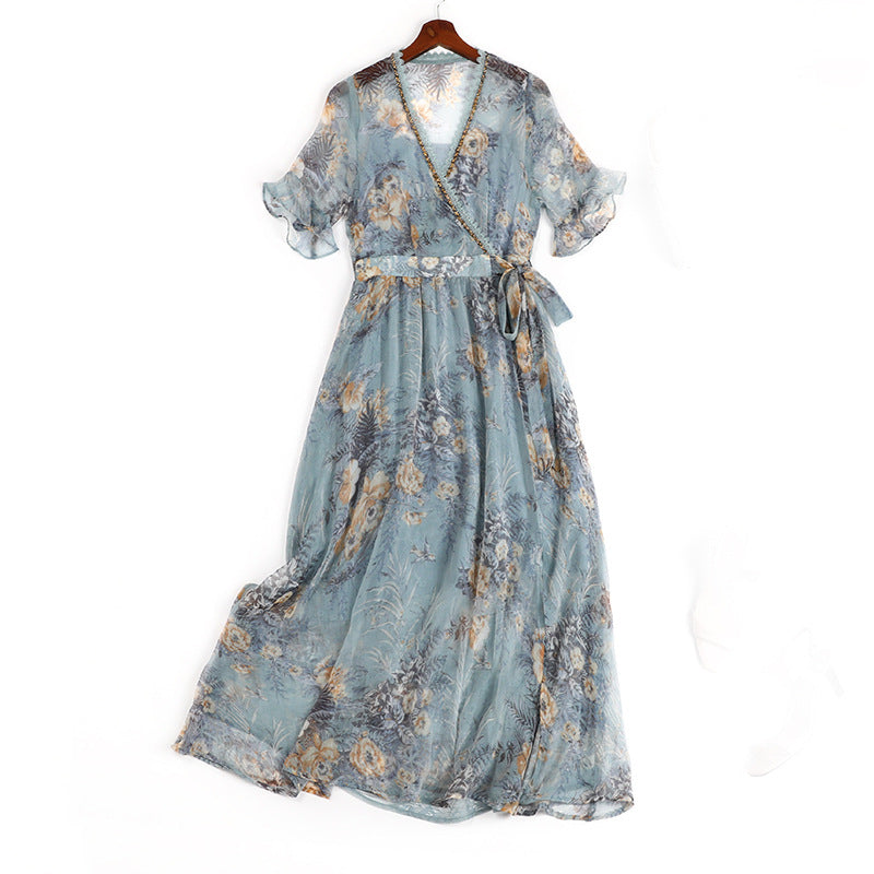 Plus Size Blue Floral Wrap Short Sleeve Midi Dress