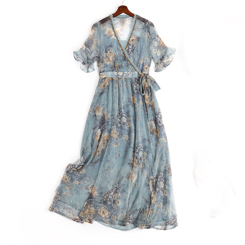 womens blue linen dress Plus Size Short Sleeve Dobby Wrap Midi Dress in Cobalt main image 0