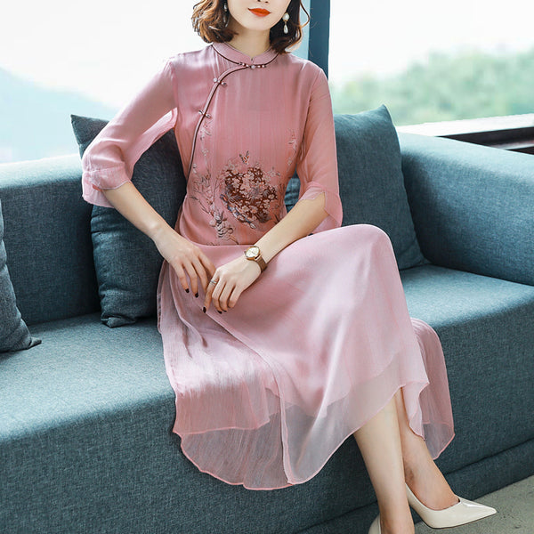 Plus size oriental floral cheongsam mid sleeve midi dress