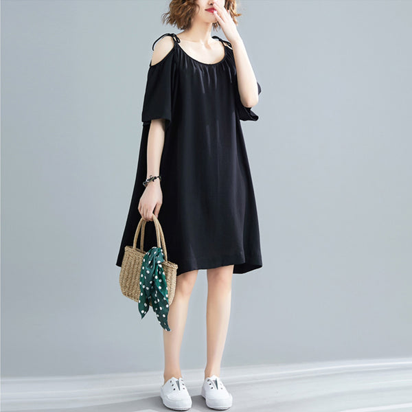 Plus size off shoulder ribbon tie black dress