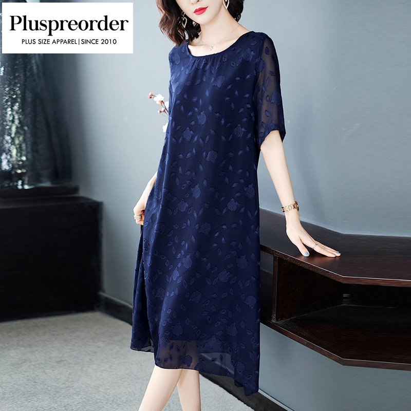 Plus Size Rose Chiffon Short Sleeve Midi Dress