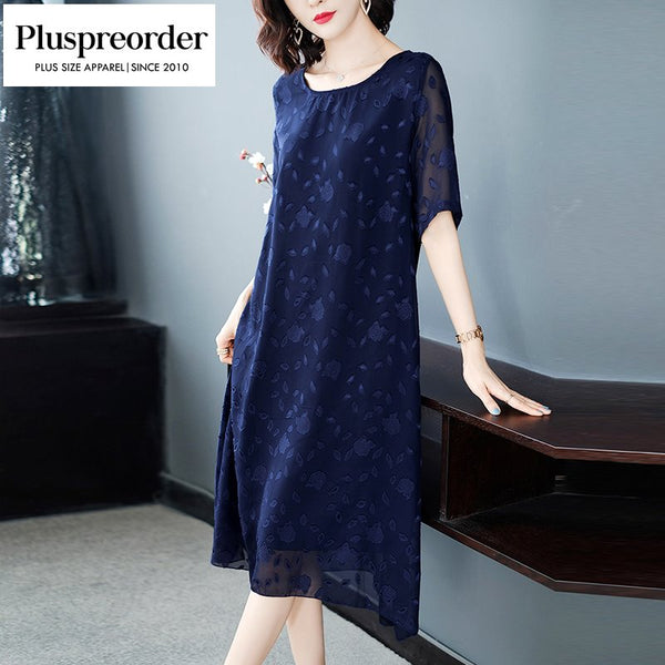 Plus Size Rose Chiffon Short Sleeve Midi Dress