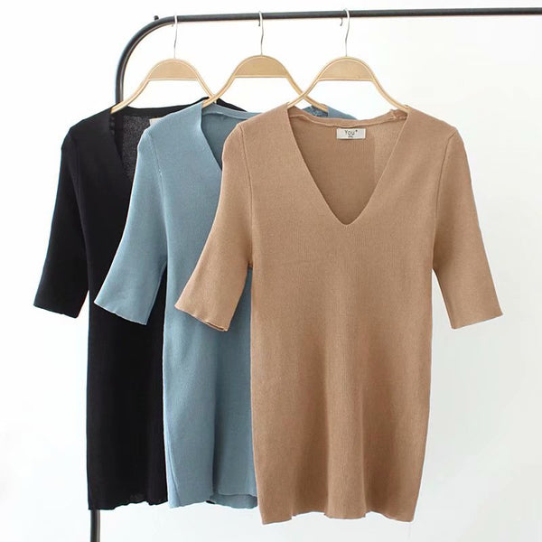 Plus Size Ribbed Knit V Neck Short Sleeve T Shirt Top