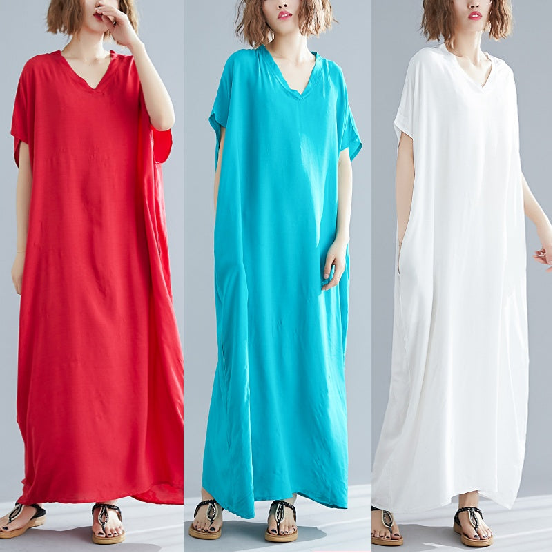 Plus Size V Neck Cotton Linen Short Sleeve Maxi Dress (Green, White, Red)