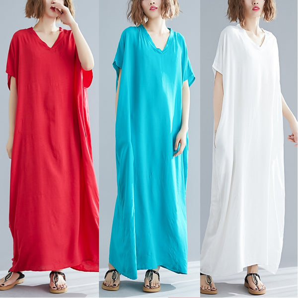 Plus Size V Neck Cotton Linen Short Sleeve Maxi Dress (Green, White, Red)