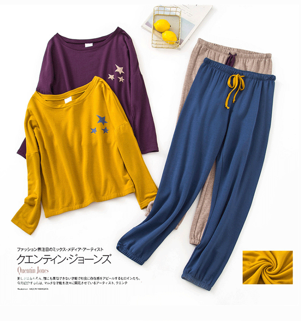 Plus Size Pyjamas Long Sleeve Top and Jogger Pyjamas Pants Set (Purple+Grey, Yellow+Blue)