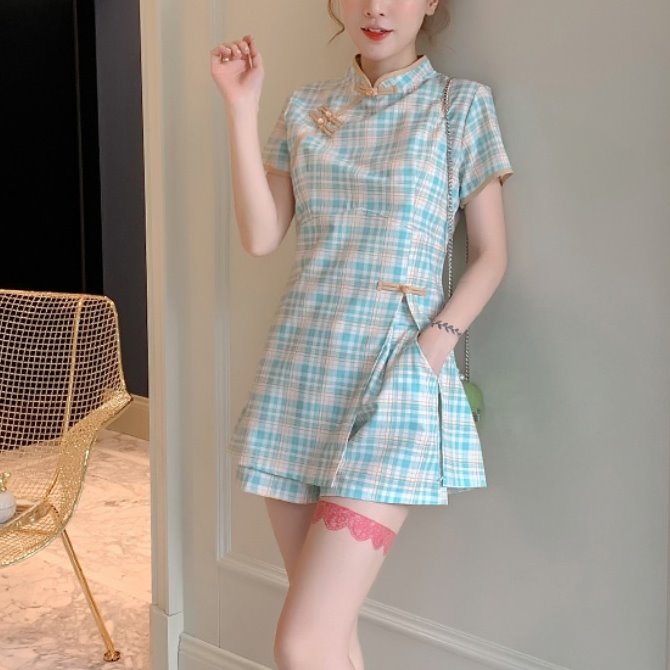 Plus Size Blue Checked Cheongsam Tunic Top and Shorts Set