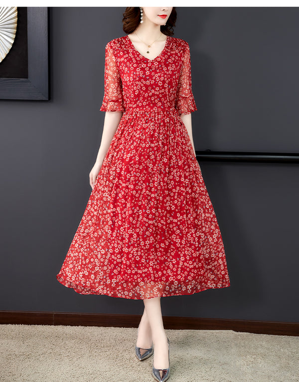 Plus Size Red Floral Chiffon Bell Sleeve Short Sleeve Midi Dress
