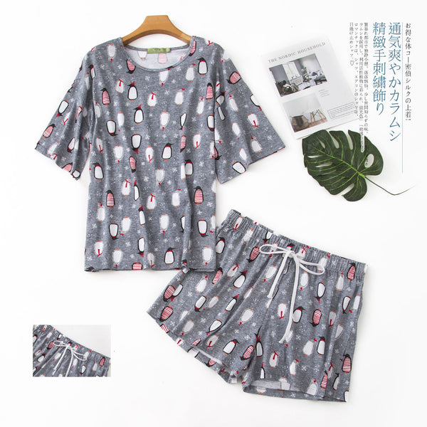 Plus Size Pyjamas Loose Short Sleeve T Shirt Top and Printed Pyjamas Shorts Set