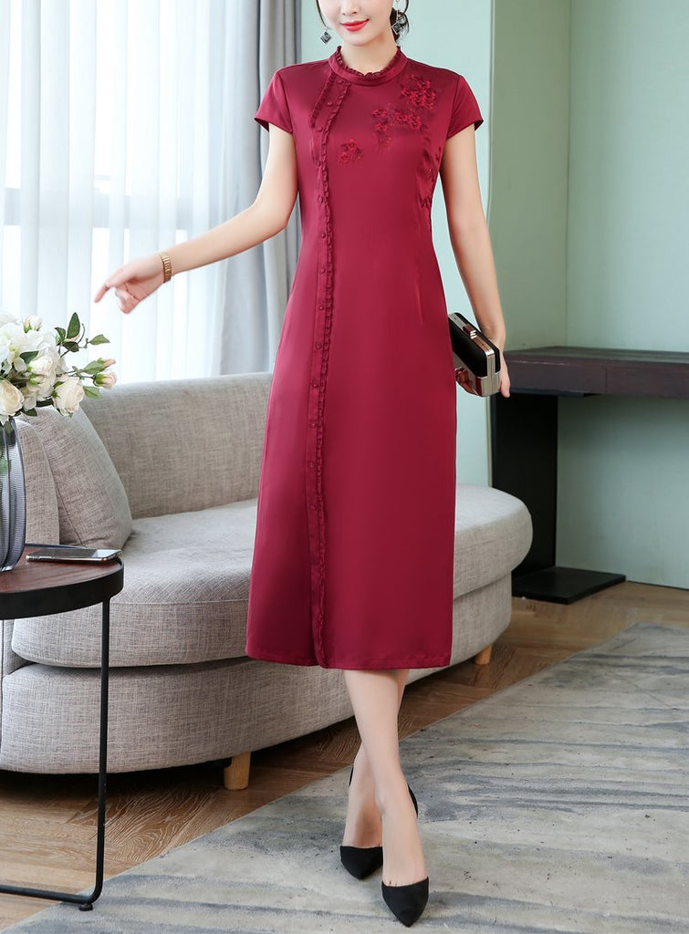Plus Size Sheen Dark Red Cheongsam Short Sleeve Midi Dress